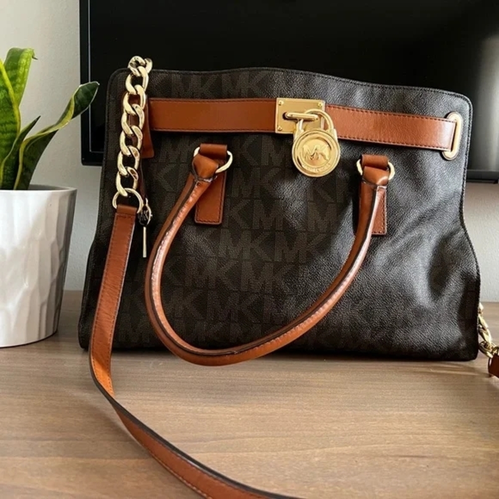 Michael Kors Brown and Tan Monogram Shoulder Bag with Gold Hardware
